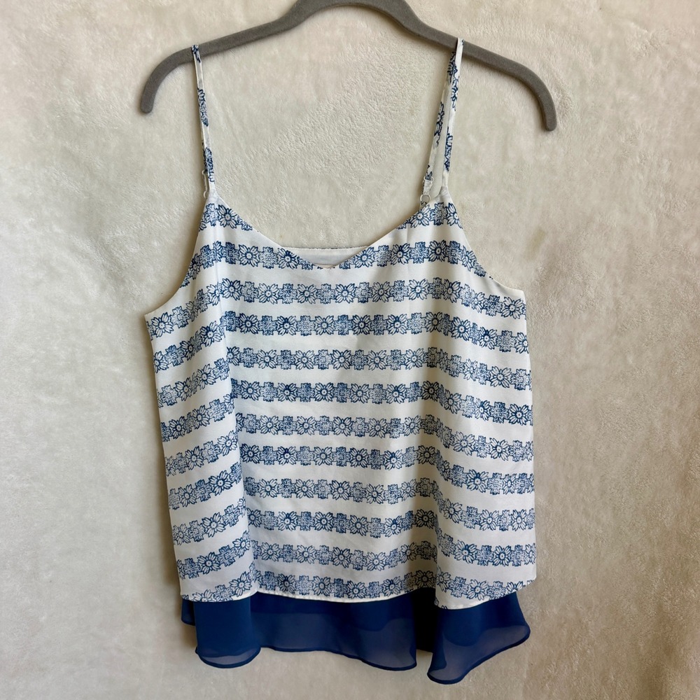 LOFT Petites Womens White Navy Floral Striped Flowy Layered Cami Top Size MP
